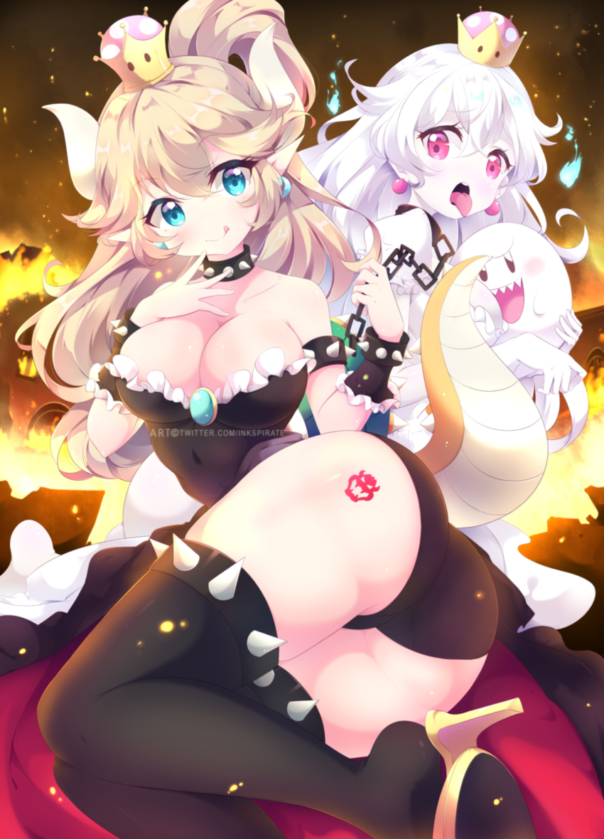2girls absurdres armlet ass ass_tattoo bare_shoulders black_dress black_legwear blonde_hair blue_eyes boo_(mario) bowser_logo bowser_tattoo bowsette bracelet breasts cleavage collar dress high_heels highres horns inkspirate jewelry large_breasts leg_tattoo leotard long_hair looking_at_viewer luigi&#039;s_mansion mario_(series) multiple_girls new_super_mario_bros._u_deluxe nintendo open_mouth pink_eyes pointy_ears ponytail princess_king_boo sitting smile spiked_armlet spiked_bracelet spiked_collar spikes super_crown tattoo thighhighs tongue tongue_out white_hair