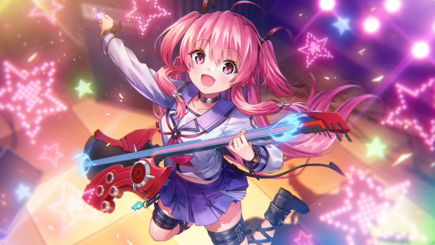 1girl angel_beats! ankle_lace-up artist_request black_footwear blue_sailor_collar blue_skirt collarbone demon_tail electric_guitar fang guitar heaven_burns_red instrument jumping long_hair looking_at_viewer midriff_peek official_art open_mouth pink_eyes pink_hair pleated_skirt red_eyes sailor_collar school_uniform serafuku shinda_sekai_sensen_uniform shirt skirt smile solo star_(symbol) tail thigh_strap two_side_up white_shirt yui_(angel_beats!)