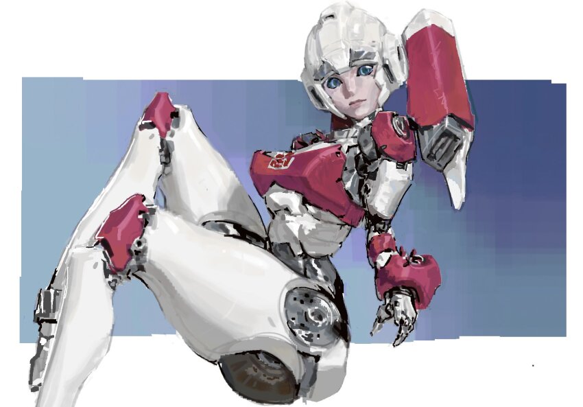 1girl arcee autobot blue_eyes breasts guideoflothric1 highres looking_at_viewer mecha robot robot_girl science_fiction simple_background smile solo transformers transformers:_generation_1