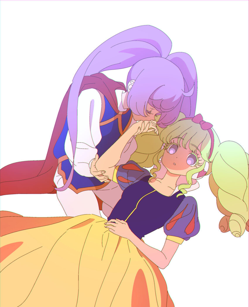 2girls bad_id bad_twitter_id bow breasts cape closed_eyes colored_eyelashes cosplay dress falulu green_hair grey_eyes hairband headphones highres kiss kissing_hand kneeling long_hair lying manaka_laala multiple_girls on_back open_mouth pretty_series pripara puffy_short_sleeves puffy_sleeves red_bow red_cape red_hairband short_sleeves sidelocks simple_background small_breasts snow_white_(disney) snow_white_(disney)_(cosplay) snow_white_and_the_seven_dwarfs the_prince_(disney) the_prince_(disney)_(cosplay) twintails white_background zashima