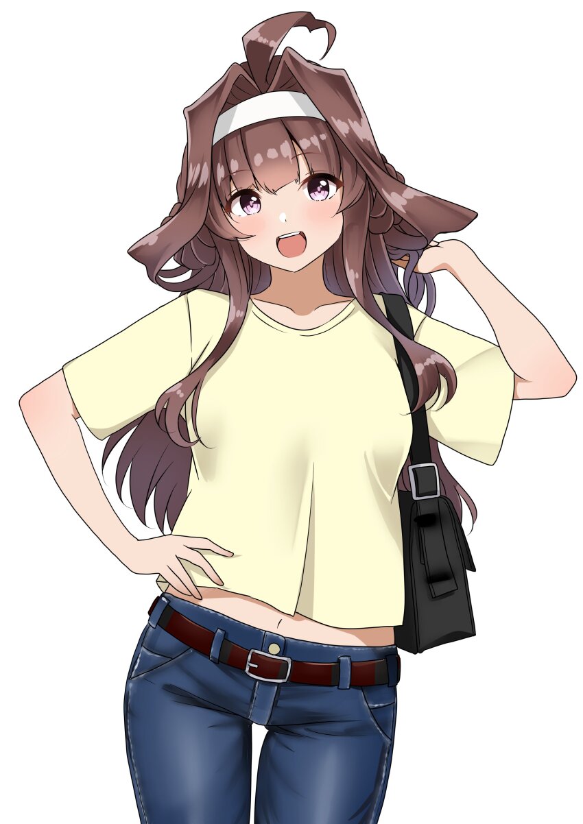 1girl absurdres bag blue_pants brown_hair commentary_request denim hairband hand_on_own_hip highres himura_moritaka jeans kantai_collection kongou_(kancolle) kongou_(kure)_(kancolle) long_hair navel official_alternate_costume pants purple_eyes shirt simple_background smile solo white_background white_hairband yellow_shirt