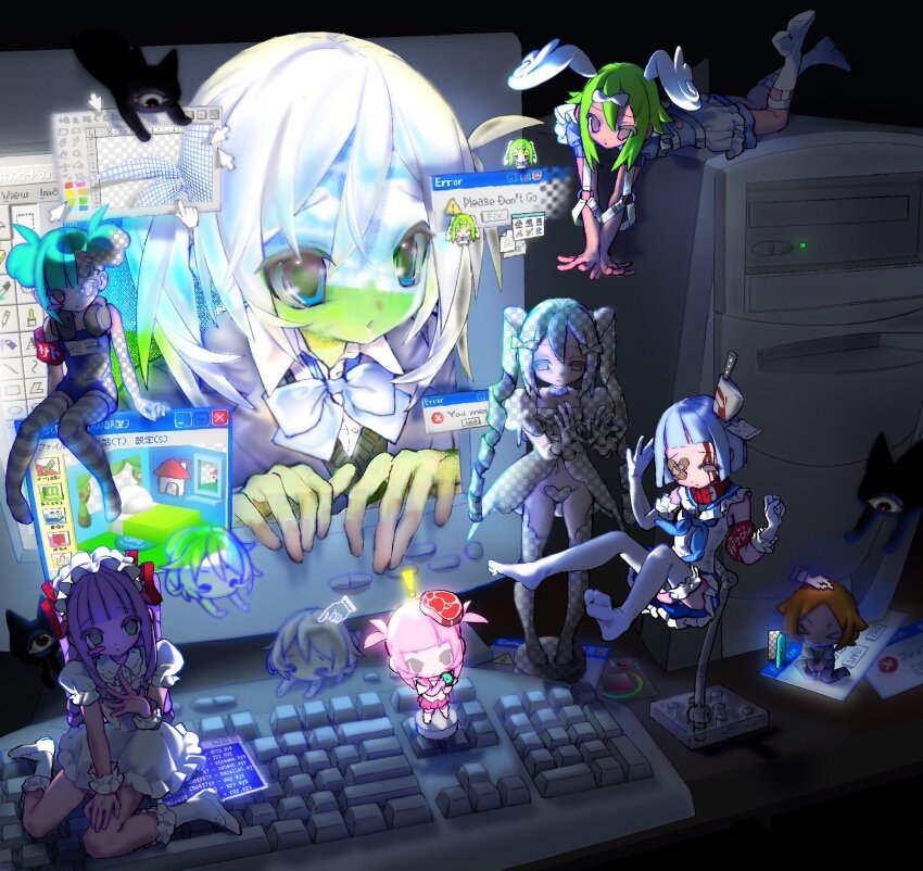 ! &gt;_&lt; 6+girls :3 :o animal_collar asymmetrical_hair bandage_over_one_eye bandaid bandaid_on_face black_eyes blue_eyes blue_hair blue_neckerchief blue_skirt blunt_bangs blush_stickers bow bowtie brown_eyes cat clenched_hand closed_eyes closed_mouth collar computer computer_keyboard computer_tower creature crt cursor cyclops deformed dot_nose dress drill_hair empty_eyes english_text expressionless feet_up figure floating food food_on_head frilled_collar frilled_dress frills green_hair hair_between_eyes hair_bow hair_flaps hair_ribbon half-closed_eyes hand_on_own_chest hand_on_own_thigh hand_up hands_up head_tilt headphones headphones_around_neck highres injury kitchen_knife kneehighs kneeling knife knife_in_head leg_up long_hair looking_at_viewer lying maid maid_headdress meat medium_hair microsoft_windows mini_person minigirl missing_texture_(source) monitor multiple_girls navel neckerchief no_pants no_shoes object_on_head object_through_head on_stomach one-eyed one-piece_swimsuit orange_hair original outstretched_arms parted_bangs pink_hair pink_skirt planted planted_knife planted_weapon pointing ponytail puffy_short_sleeves puffy_sleeves purple_hair raised_eyebrows red_ribbon ribbon school_swimsuit screen_light shaded_face shadow shirt short_hair short_ponytail short_sleeves sidelocks single_sidelock sitting skirt smile socks standing sticky_note susushi_11 swimsuit tareme thighhighs through_medium through_screen transparent twin_drills two_side_up very_long_hair wariza weapon white_bow white_dress white_footwear white_hair white_shirt white_socks window_(computing) x