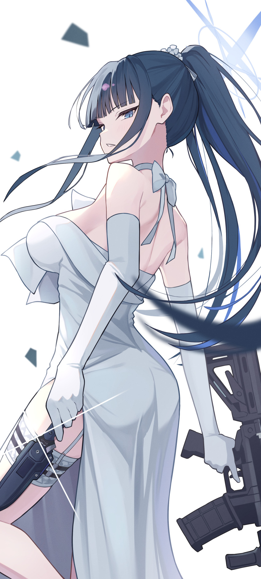 1girl absurdres assault_rifle backless_outfit bare_shoulders black_hair blue_archive blue_eyes blue_halo breasts choker commentary commentary_request dress elbow_gloves from_behind gloves gun hair_ornament halo highres holding holding_gun holding_knife holding_weapon knife large_breasts long_hair looking_at_viewer official_alternate_costume official_alternate_hairstyle ponytail rifle saori_(blue_archive) saori_(dress)_(blue_archive) sig_516 sig_sauer simple_background solo standing toki_kimagure weapon white_background white_choker white_dress white_gloves