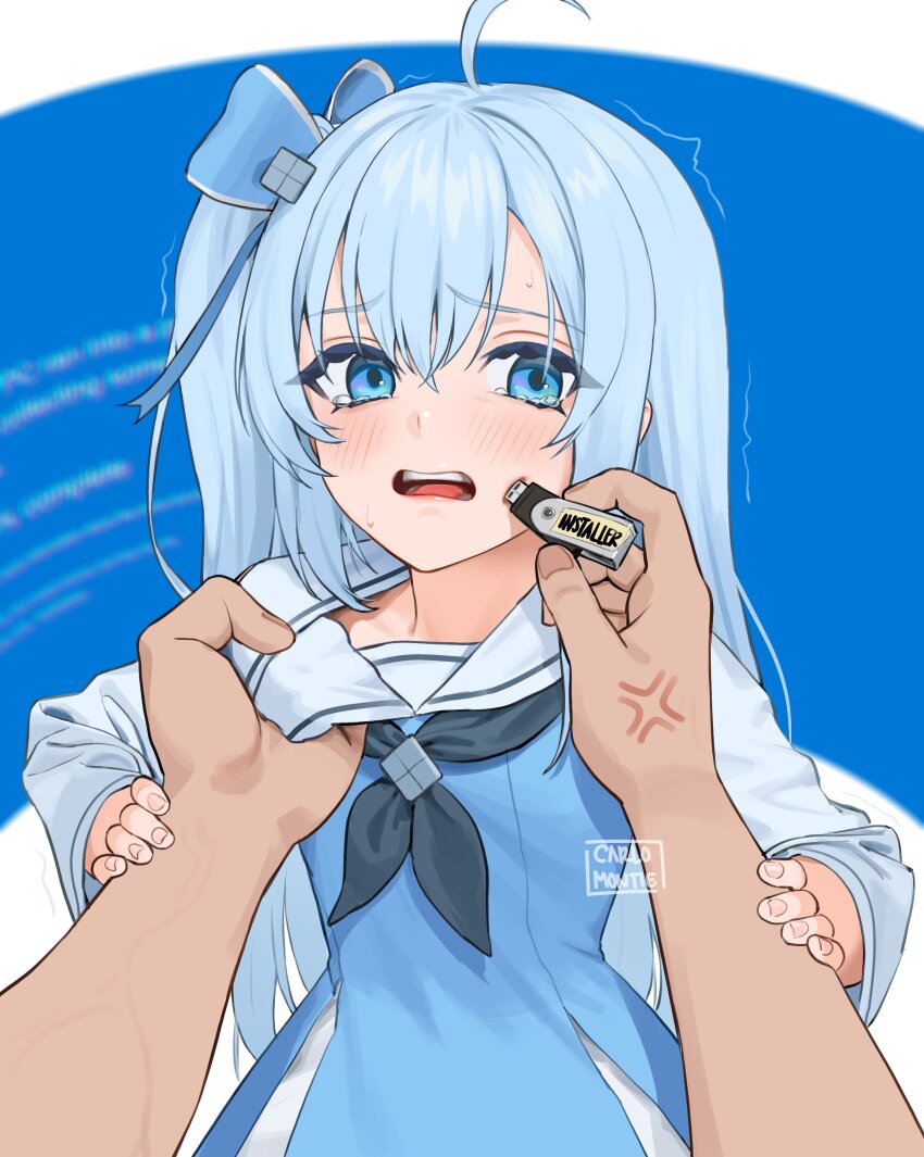 1boy 1girl absurdres ahoge anger_vein artist_name black_neckerchief blue_eyes blue_hair blue_screen_of_death bow carlo_montie commentary dress english_commentary english_text flash_drive hair_bow highres long_hair long_sleeves madobe_ichika microsoft_windows neckerchief parted_lips pov sailor_collar sailor_dress sweatdrop tearing_up trembling upper_body usb white_sailor_collar windows_11