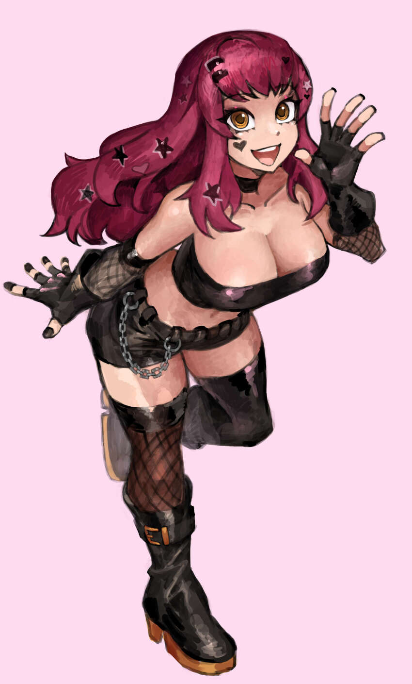 1girl absurdres alternate_costume bandeau black_bandeau black_boots black_choker black_gloves black_nails black_shorts black_thighhighs boots breasts choker cleavage emo_fashion facial_mark fingerless_gloves fire_emblem fire_emblem_engage fishnet_thighhighs fishnets gloves hair_ornament highres large_breasts long_hair looking_at_viewer nail_polish nintendo open_mouth red_eyes red_hair saiykik shorts simple_background smile solo star_(symbol) star_facial_mark star_hair_ornament teeth thighhighs upper_teeth_only yunaka_(fire_emblem)
