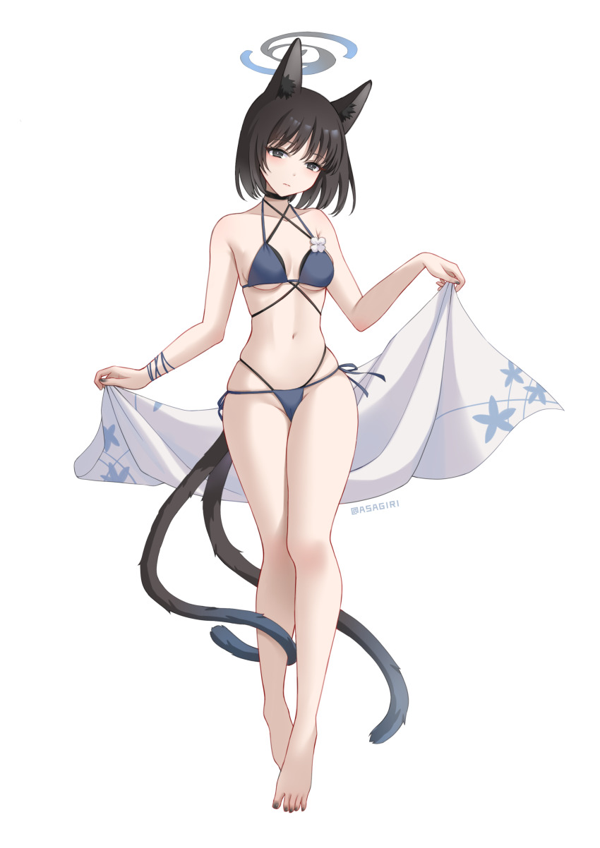 1girl absurdres animal_ears asagiri_ai barefoot bikini black_eyes black_hair blue_archive blue_bikini blue_halo breasts cat_ears cat_girl cat_tail commentary_request full_body grey_halo halo highres kikyou_(blue_archive) looking_at_viewer medium_breasts multicolored_halo multiple_tails navel short_hair simple_background solo standing stomach swimsuit tail two-tone_halo