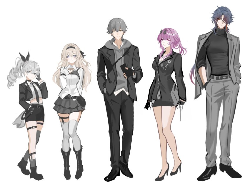 2boys 3girls absurdres black_boots black_hair black_hairband black_jacket black_necktie black_pants black_shoes black_shorts black_skirt black_sweater black_vest blade_(honkai:_star_rail) boots breasts caelus_(honkai:_star_rail) commentary_request crop_top da-un_(du) drill_hair firefly_(honkai:_star_rail) grey_hair grey_jacket grey_pants grey_shirt grey_socks hairband hand_in_pocket high_heels highres holding holding_phone honkai:_star_rail honkai_(series) jacket kafka_(honkai:_star_rail) korean_commentary long_hair medium_hair miniskirt multiple_boys multiple_girls necktie pants phone purple_eyes shirt shoes short_hair shorts silver_wolf_(honkai:_star_rail) simple_background skirt socks stellaron_hunters_(honkai:_star_rail) sweater thigh_gap thighs trailblazer_(honkai:_star_rail) turtleneck turtleneck_sweater vest white_background white_shirt yellow_eyes