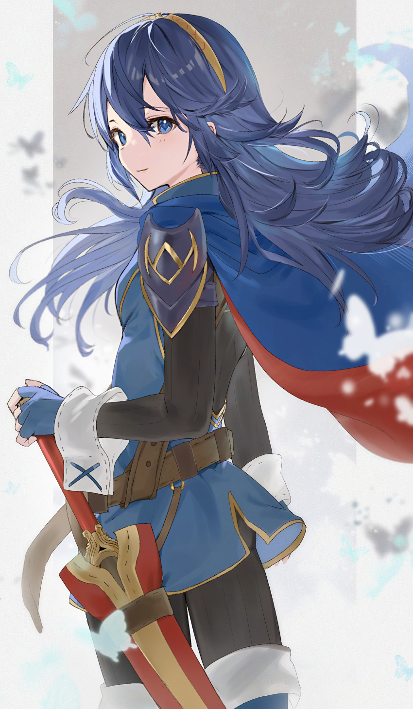 1girl absurdres ass blue_cape blue_eyes blue_gloves blue_hair brand_of_the_exalt breasts bug butterfly cape fingerless_gloves fire_emblem fire_emblem_awakening gloves hair_between_eyes haru_(nakajou-28) highres insect long_hair long_sleeves looking_at_viewer lucina_(fire_emblem) nintendo red_cape sheath sheathed small_breasts smile solo sword symbol_in_eye tiara two-tone_cape weapon
