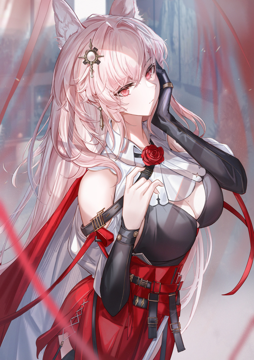 1girl animal_ears arknights bare_shoulders belt black_gloves breasts cleavage earrings gloves hair_ornament hand_on_own_cheek hand_on_own_face highres jewelry kachi large_breasts long_hair pink_hair pozyomka_(arknights) red_eyes solo wolf_ears