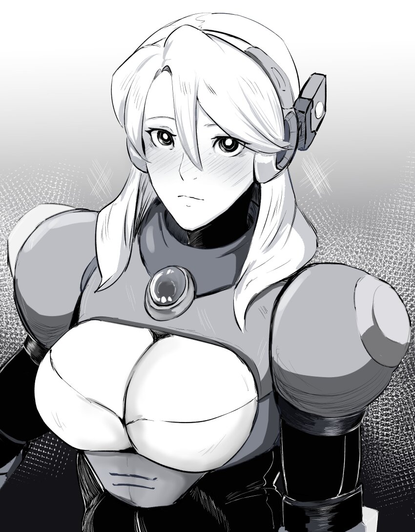 1girl absurdres alia_(mega_man) android armor blush breasts chest_jewel cleavage cleavage_cutout clothing_cutout gradient_background greyscale hair_between_eyes hair_over_shoulder headgear headphones highres joints large_breasts long_hair looking_at_viewer medium_hair mega_man_(series) mega_man_x8 mega_man_x_(series) missing_commentary monochrome robot_girl robot_joints shoulder_armor sidelocks solo tk1993 upper_body