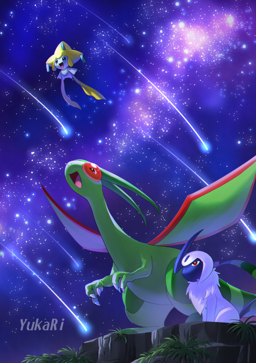 :d absol artist_name bright_pupils claws commentary_request dragon dragon_wings flygon flying gen_3_pokemon highres jirachi legendary_pokemon long_hair mythical_pokemon night nintendo no_humans open_mouth outdoors pokemon pokemon_(creature) shooting_star sky smile star_(sky) starry_sky tanabata tongue very_long_hair white_pupils wings yukari_(yukari21653710)