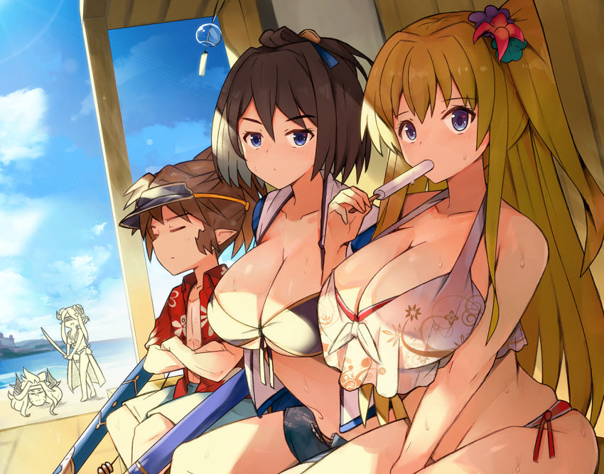 alternate_breast_size beach beach_house bikini blonde_hair breasts brown_hair buried crossed_arms draph eahta_(granblue_fantasy) food granblue_fantasy harvin hawaiian_shirt large_breasts long_hair mirin_(granblue_fantasy) narmaya_(granblue_fantasy) pointy_ears ponytail popsicle sevilbarra shion_(granblue_fantasy) shirt suikawari sweat swimsuit usugiri_bacon visor_cap wind_chime