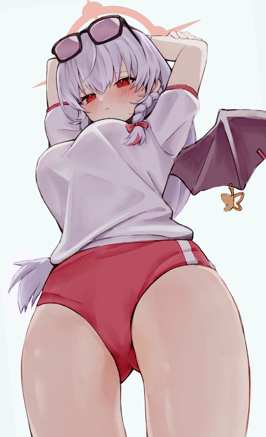 1girl absurdres arm_up black_wings blue_archive blush bow braid breasts buruma cameltoe closed_mouth cowboy_shot demon_girl demon_wings eyewear_on_head foreshortening from_below frown furrowed_brow gluteal_fold gym_shirt gym_uniform hair_between_eyes hair_bow halo haruna_(blue_archive) haruna_(track)_(blue_archive) highres large_breasts long_hair looking_at_viewer looking_down official_alternate_costume piercing red_bow red_buruma red_eyes red_halo shirt shiu_kyu short_sleeves side_braid simple_background single_braid single_wing solo sunglasses sweatdrop white_background wing_piercing wings