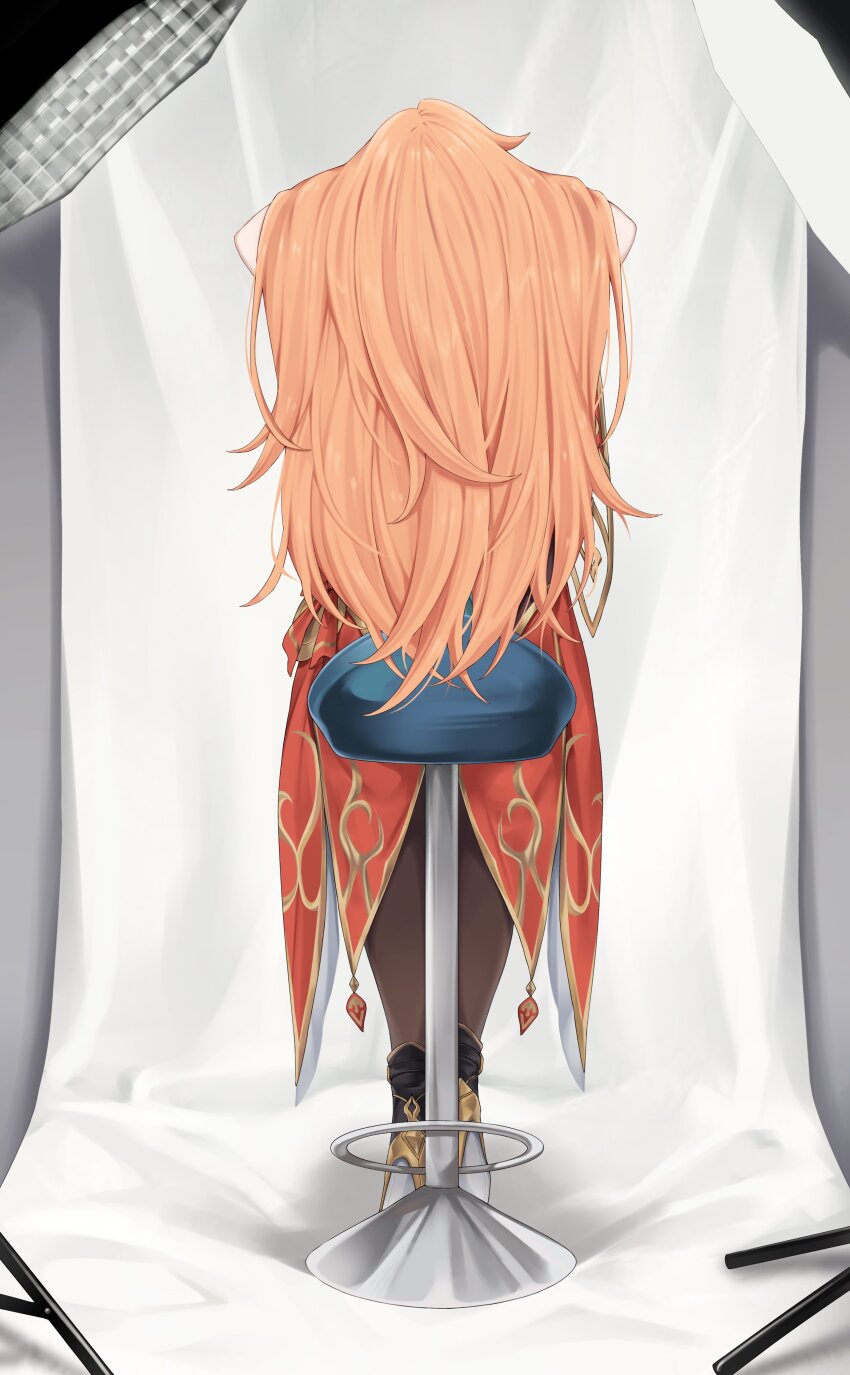 absurdres alternate_hairstyle bar_stool foxie30 from_behind guinaifen_(honkai:_star_rail) hair_lift highres honkai:_star_rail honkai_(series) leggings long_hair orange_hair photo_shoot sitting stool very_long_hair