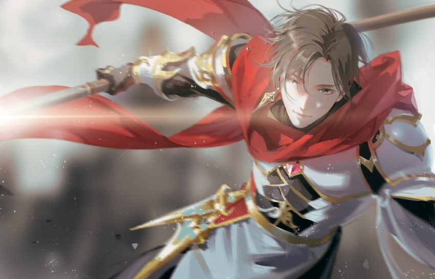 1boy armor black_gloves blurry blurry_background brown_eyes brown_hair cape closed_mouth earrings gauntlets gem glint gloves gold_trim holding holding_polearm holding_weapon jewelry looking_at_viewer male_focus official_alternate_costume oten pauldrons polearm quan_zhi_gao_shou red_cape red_scarf scarf short_hair shoulder_armor smile solo spear weapon ye_xiu ye_xiu_(lord_grim)