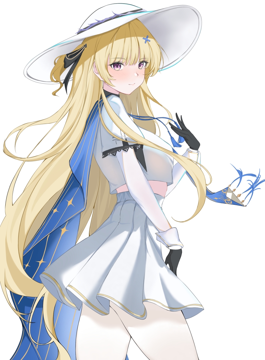 1girl absurdres black_gloves blonde_hair blush commentary from_side gloves hair_ornament hand_up hat highres long_hair long_sleeves looking_at_viewer looking_to_the_side pantyhose phoebe_(wuthering_waves) purple_eyes shirt sifffl simple_background skirt solo white_background white_hat white_pantyhose white_shirt white_skirt wuthering_waves x_hair_ornament