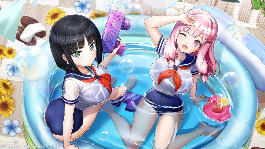 2girls arms_up artist_request bare_arms bare_legs barefoot black_hair bob_cut cup dolphin_wave drinking_straw eines_(dolphin_wave) eye_symbol flower green_eyes highres innertube long_hair looking_at_viewer looking_up multiple_girls nacht_(dolphin_wave) official_art one_eye_closed pink_hair sailor_collar sailor_shirt school_swimsuit shirt short_sleeves sitting soap_bubbles sunflower swim_ring swimsuit wading_pool wariza water_gun wet wet_clothes wet_shirt