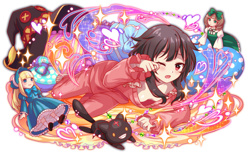 2girls alternate_costume anime_coloring aqua_bow artist_request barefoot bat_wings beads black_cat black_hair black_hat black_tail blonde_hair blue_bonnet blue_dress blue_eyes blunt_bangs blush bonnet bow breasts brown_footwear button_gap buttons cat chomusuke clenched_teeth closed_mouth collar collarbone collared_shirt crash_fever cross doll downblouse dress dress_bow familiar frilled_bow frilled_sleeves frills full_body game_cg gradient_hair green_bow green_dress green_eyes hair_bow hair_down hat heart heart-shaped_pillow juliet_sleeves knot kono_subarashii_sekai_ni_shukufuku_wo! lace-trimmed_sleeves lace_trim light_brown_hair light_particles long_hair long_sidelocks long_sleeves lying medium_hair megumin multicolored_hair multiple_girls neck_ribbon no_headwear number_print numbered official_alternate_costume official_art official_style on_floor on_side on_stomach one_eye_closed open_mouth outline pajamas pants petticoat pillow pink_pajamas pink_pants pink_sleeves polka_dot_pillow puffy_sleeves red_eyes red_outline ribbon rubbing_eyes rug shirt short_hair short_hair_with_long_locks sidelocks sleepy small_breasts socks solid_oval_eyes solo sparkle square square_print tachi-e teeth third-party_source toenails toes transparent_background unworn_headwear waking_up white_collar white_shirt white_sleeves white_socks white_undershirt wide_sleeves wings witch_hat yawning yellow_eyes