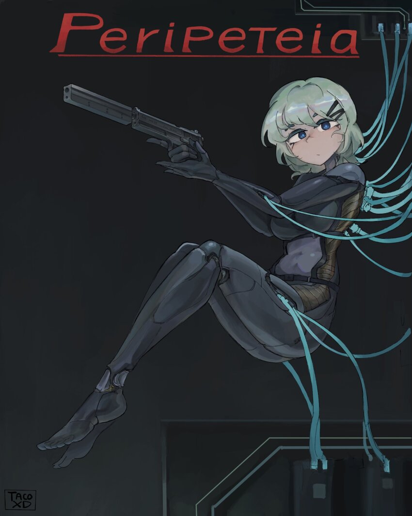 1girl :/ android artist_logo blue_eyes blue_pupils breasts cable closed_mouth commentary copyright_name covered_navel cyberpunk feet floating from_side full_body green_hair grey_background gun h&amp;k_mark_23 hair_ornament hairclip handgun hands_up heckler_&amp;_koch highres holding holding_gun holding_weapon knees_up logo looking_at_viewer marie_(peripeteia) mechanical_arms mechanical_foot mechanical_legs medium_breasts medium_hair peripeteia plantar_flexion science_fiction solo suppressor taco_xd69 trigger_discipline turning_head weapon