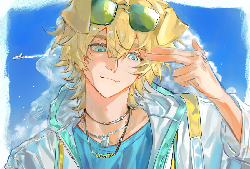 1boy aircraft airplane animal_ears aqua_eyes arknights bai_hai_kong_lu blonde_hair blue_shirt chinese_commentary closed_mouth commentary_request eyewear_on_head fang finger_gun finger_gun_to_head green-tinted_eyewear hair_between_eyes highres light_smile long_sleeves male_focus shirt short_hair skin_fang solo t-shirt tequila_(arknights) tinted_eyewear upper_body