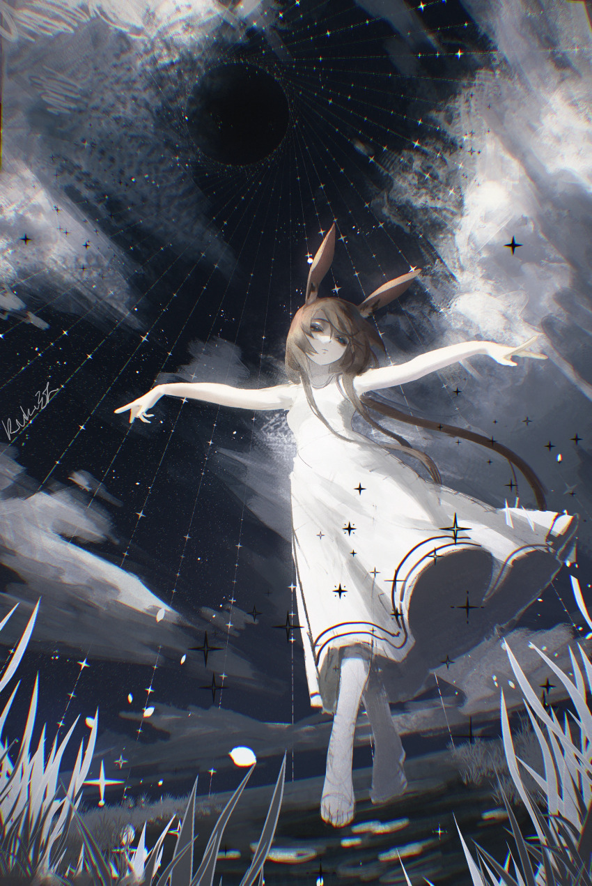 1girl absurdres amiya_(arknights) amiya_(young)_(arknights) animal_ears arknights bare_arms blue_eyes brown_hair closed_mouth cloud cloudy_sky dress grass highres jiuxiaoshi long_dress long_hair looking_to_the_side night night_sky on_ground outstretched_arms rabbit_ears rabbit_girl signature sky sleeveless sleeveless_dress solo spread_arms standing star_(sky) tiptoes white_dress