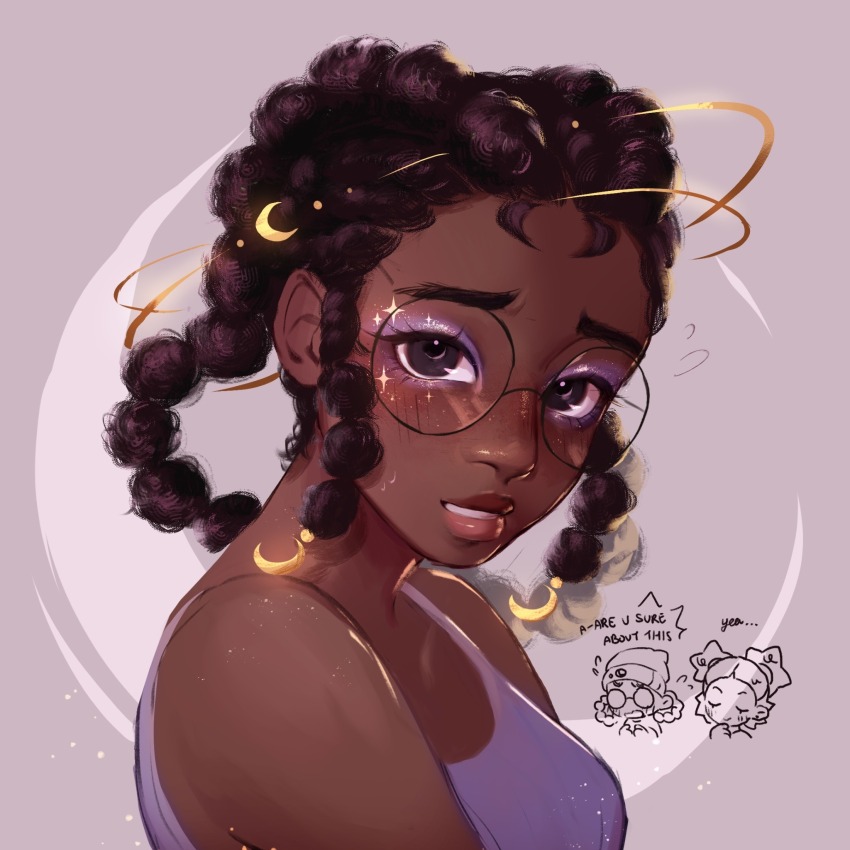 2girls afro_puffs aika_(kiana_mai) black_hair blush chibi chibi_inset cornrows crescent crescent_hair_ornament dark-skinned_female dark_skin eyeshadow glasses hair_ornament highres i_don&#039;t_want_to_be_a_magical_girl lips makeup multi-tied_hair multiple_girls nose pluvioseprince purple_eyeshadow smile star-shaped_hair thick_eyebrows very_dark_skin zira_(kiana_mai)