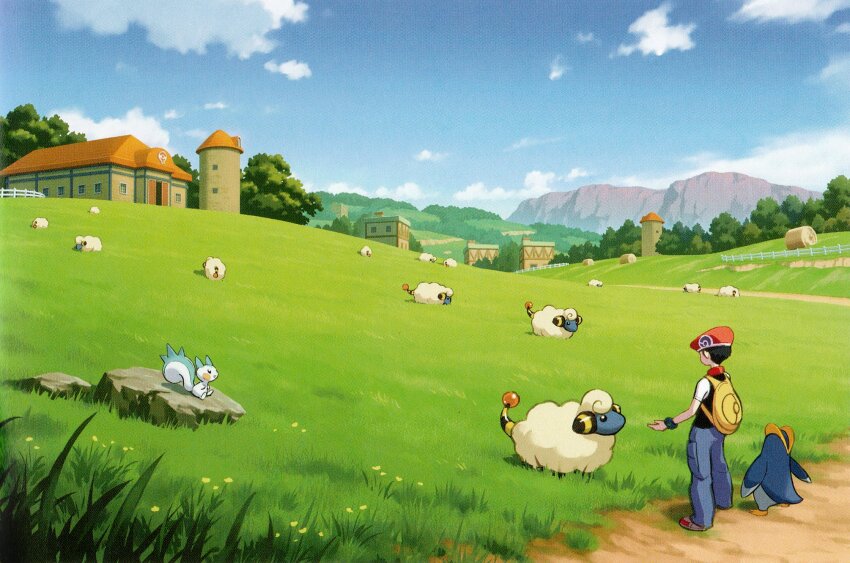 1boy animal black_hair black_vest bracelet building cloud commentary day dirt_road english_commentary fence gen_2_pokemon gen_4_pokemon grass hat highres jewelry lucas_(pokemon) male_focus mareep nintendo official_art outdoors pachirisu pants path pokemon pokemon_(creature) pokemon_bdsp prinplup red_hat road scan sheep shirt shoes short_hair short_sleeves sky solaceon_town standing t-shirt third-party_source vest white_shirt