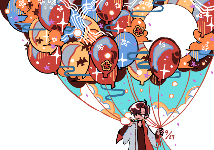 1boy balloon birthday blowing_bubbles bubble bubble_pipe closed_mouth cloud coat dated earrings fate/grand_order fate_(series) full_moon hair_over_one_eye highres holding holding_balloon ima_mo_nao_kangaechuu jewelry long_sleeves looking_ahead male_focus moon open_clothes open_coat red_eyes red_hair short_hair simple_background smile solo sparkle takasugi_shinsaku_(fate) takasugi_shinsaku_(first_ascension)_(fate) white_background white_coat wide_sleeves
