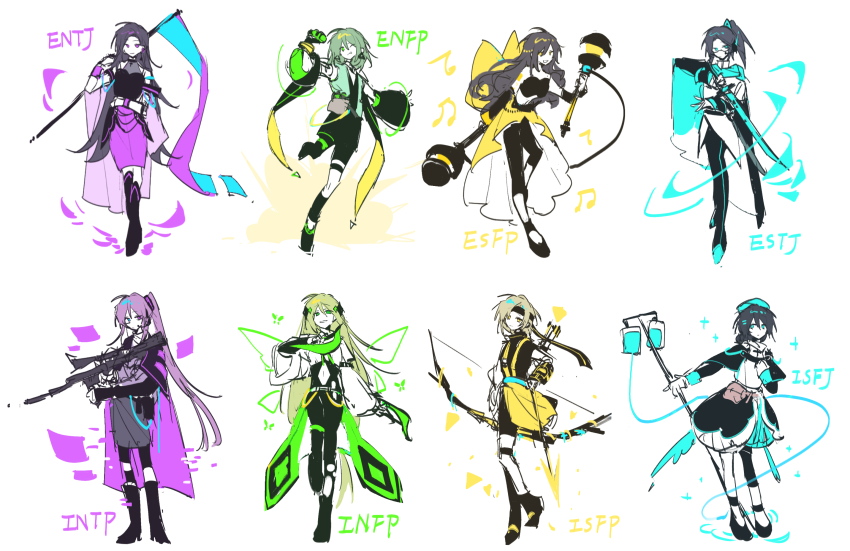 16personalities 6+girls adventurer_(16personalities) arrow_(projectile) back_bow black_hair blonde_hair blue_eyes bow bow_(weapon) bug butterfly campaigner_(16personalities) clothes_around_waist commander_(16personalities) defender_(16personalities) digital_dissolve entertainer_(16personalities) executive_(16personalities) fairy_wings full_body green_scarf gun highres holding holding_arrow holding_bow_(weapon) holding_gun holding_scythe holding_sword holding_weapon insect intravenous_drip jacket jacket_around_waist logician_(16personalities) long_hair looking_at_viewer mediator_(16personalities) mouyimouyi multiple_girls myers-briggs_type_indicator one_eye_closed open_mouth purple_eyes purple_hair quiver rifle scarf scythe short_hair simple_background smile sword very_long_hair weapon white_background wings yellow_bow yellow_eyes