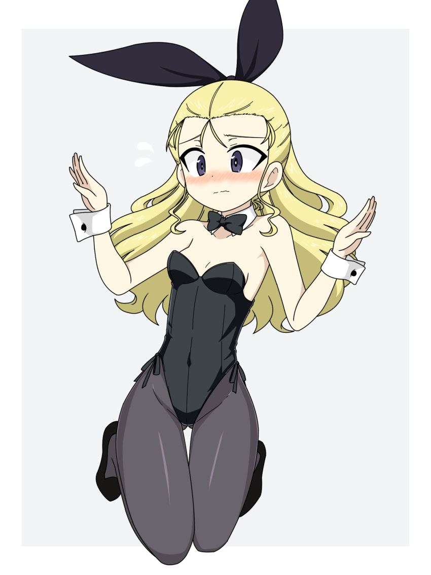 1girl animal_ears assam_(girls_und_panzer) black_bow black_bowtie black_eyes black_leotard blonde_hair bow bowtie breasts detached_collar fake_animal_ears forehead girls_und_panzer gluteal_fold highres ichinose_jun leotard long_hair pantyhose playboy_bunny rabbit_ears side-tie_leotard simple_background small_breasts solo strapless strapless_leotard thigh_gap w_arms white_background white_pantyhose wrist_cuffs