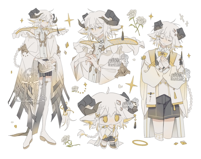 1boy bag black_horns black_shorts blonde_hair boots bow bowtie braid buttons chibi closed_eyes closed_mouth collar collared_robe collared_shirt colored_tips commentary commission cropped_legs cropped_torso cross-laced_clothes cross-laced_top expressionless fingernails flower frilled_collar frills full_body goat_horns hair_ribbon half-closed_eyes hand_on_own_chin handbag hands_on_own_chest high_collar highres holding holding_bag horizontal_pupils horns jacket long_hair long_sleeves looking_at_viewer male_focus multicolored_hair multiple_braids multiple_views original own_hands_together pinstripe_shorts puffy_long_sleeves puffy_sleeves ribbon robe rose sample_watermark shirt shorts simple_background sleeveless sleeveless_shirt smile sparkle symbol-only_commentary tassel thigh_boots very_long_hair vest watermark white_background white_bag white_flower white_footwear white_hair white_jacket white_robe white_rose white_shirt white_sleeves white_vest wide_sleeves xiaoyaoxy yellow_bow yellow_bowtie yellow_eyes yellow_ribbon