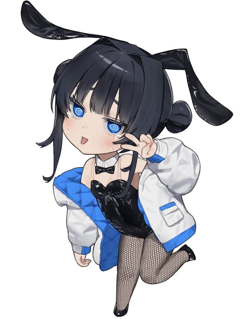 1girl @_@ animal_ear_hairband animal_ears black_bow black_bowtie black_hair black_leotard black_pantyhose black_shoes blue_eyes bow bowtie chibi chibi_only commentary_request detached_collar fake_animal_ears fishnet_pantyhose fishnets full_body hair_bun hairband highres isshiki_seiran_(mashiro_kta) jacket leotard looking_at_viewer mashiro_kta open_clothes open_jacket open_mouth original pantyhose playboy_bunny rabbit_ear_hairband rabbit_ears shoes sidelocks simple_background solo v white_background white_jacket