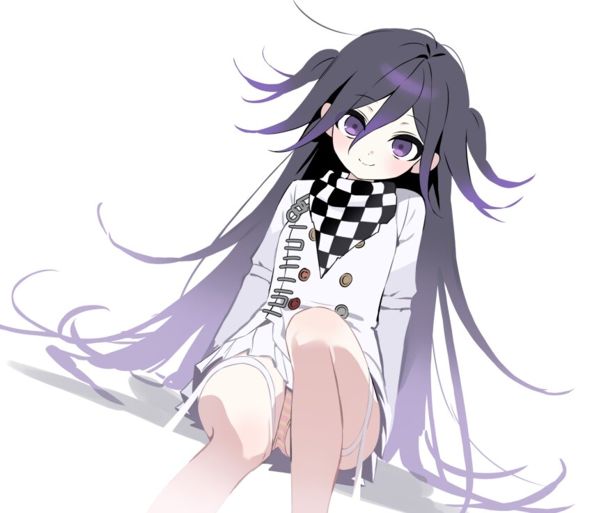 1girl arm_belt arm_support buttons checkered_clothes checkered_scarf danganronpa_(series) danganronpa_v3:_killing_harmony flipped_hair genderswap genderswap_(mtf) hair_between_eyes highres kishu11037 knee_up long_hair long_sleeves looking_at_viewer multicolored_buttons oma_kokichi panties pantyshot petite pleated_skirt purple_eyes purple_hair scarf simple_background sitting skirt smile solo thigh_strap two-tone_scarf two_side_up underwear very_long_hair white_background white_skirt