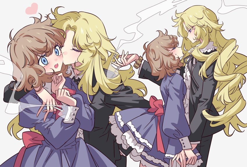 2girls asaka_rei black_jacket black_ribbon blonde_hair blue_dress blue_eyes blush brown_hair cigarette closed_eyes commentary_request dress embarrassed frilled_dress frills height_difference highres holding holding_cigarette jacket juliet_sleeves kiss kissing_cheek long_hair long_sleeves looking_at_another meremero misonoo_nanako multiple_girls multiple_views neck_ribbon oniisama_e... open_mouth parted_bangs profile puffy_sleeves ribbon shirt short_hair smile smoke smoking standing white_shirt yuri