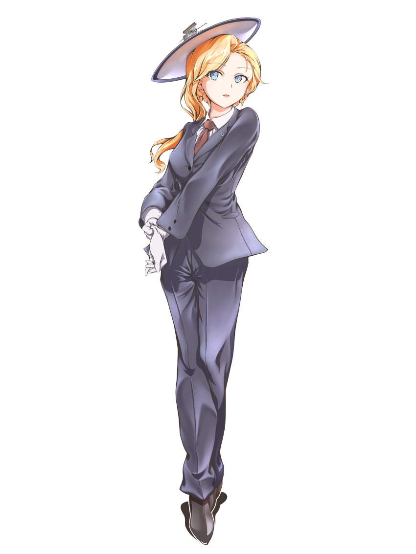 1girl absurdres alternate_costume azur_lane black_footwear blonde_hair blue_eyes breasts full_body gloves highres hood_(azur_lane) jacket long_hair madakov_kodima medium_breasts necktie pants purple_jacket purple_pants red_necktie shirt simple_background solo standing white_background white_gloves white_shirt