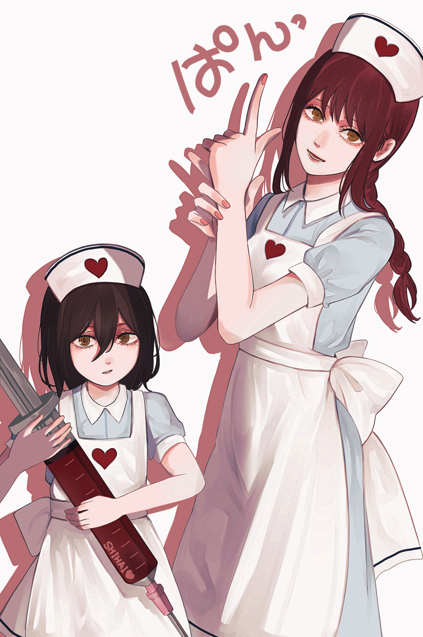 2girls apron black_hair blue_dress braid braided_ponytail chainsaw_man child commentary_request dress finger_gun hair_between_eyes hat heart highres holding holding_syringe kotochi_re large_syringe makima_(chainsaw_man) multiple_girls nayuta_(chainsaw_man) nurse nurse_cap oversized_object red_hair reincarnation ringed_eyes single_braid syringe white_apron yellow_eyes
