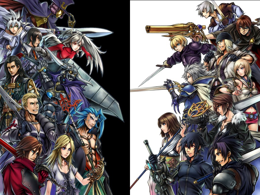 aqua_eyes armor ashelia_b&#039;nargin_dalmasca bandana black_hair blonde_hair blue_eyes blue_hair brown_hair cape chaos_(hikari_no_4_senshi) cid_raines crisis_core_final_fantasy_vii dissidia_final_fantasy eyepatch final_fantasy final_fantasy_i final_fantasy_tactics final_fantasy_unlimited final_fantasy_vii final_fantasy_viii final_fantasy_x final_fantasy_xii final_fantasy_xiii final_fantasy_xv garland_(ff1) genesis_rhapsodos gloves gun gunblade hat head_wings highres hikari_no_4_senshi irie japanese_clothes kuroki_kaze long_hair miniskirt noctis_lucis_caelum parody purple_hair ramza_beoulve red_eyes seifer_almasy seymour_guado shiroi_kumo short_hair skirt snow_villiers squall_leonhart staff stella_nox_fleuret style_parody sword ultima_(fft) vayne_carudas_solidor warrior_of_light_(ff1) weapon white_hair wings yuna zack_fair