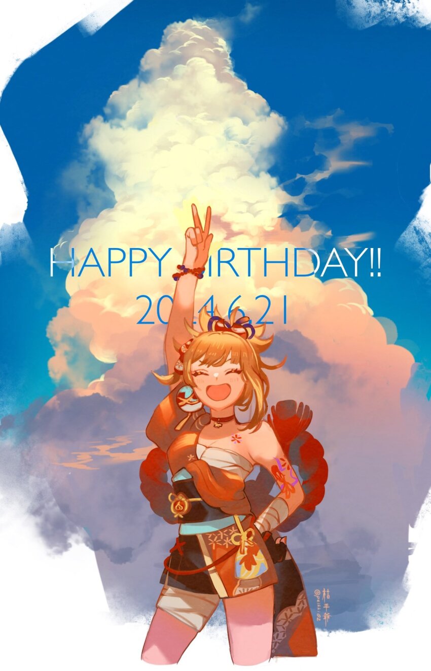1girl :d ^_^ arm_tattoo arm_up artist_name bag bandaged_arm bandaged_leg bandages black_gloves black_sash blonde_hair blue_sky blush bracelet breasts butterfly_choker chest_sarashi chest_tattoo choker closed_eyes cloud commentary_request cowboy_shot cumulonimbus_cloud dated eyelashes fingerless_gloves genshin_impact gloves hadanugi_dousa hair_ornament hand_on_own_hip happy_birthday high_ponytail highres japanese_clothes jewelry kimono kinchaku kippeijii medium_breasts obi obiage obijime open_kimono open_mouth orange_kimono ponytail pouch red_choker rope sarashi sash shimenawa short_kimono short_sleeves single_glove single_sidelock sky smile solo standing tassel tattoo twitter_username vision_(genshin_impact) w yoimiya_(genshin_impact)