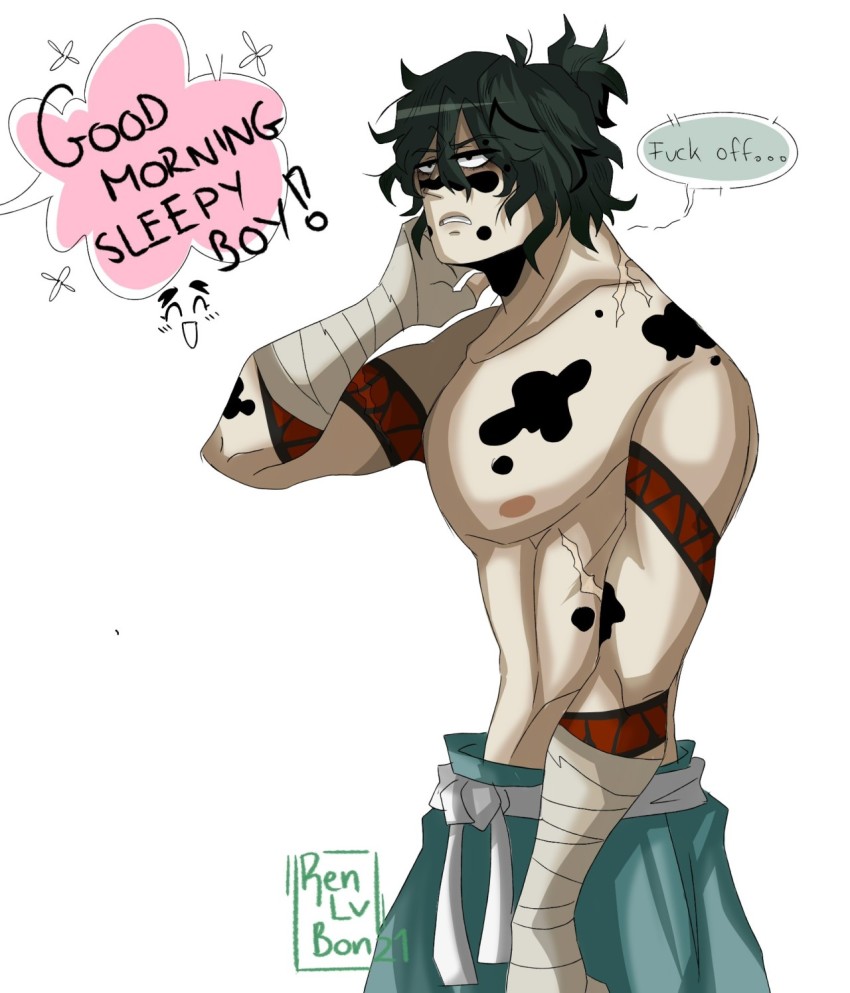 1boy abs alternate_form angry annoyed bandages bandana belt black_eyes green_hair gyuutarou_(kimetsu_no_yaiba) hand_on_own_head highres kimetsu_no_yaiba looking_at_another looking_at_viewer marks muscular muscular_male no_shirt pale_skin pectorals scar sharp_teeth spots stain talking tattoo teeth