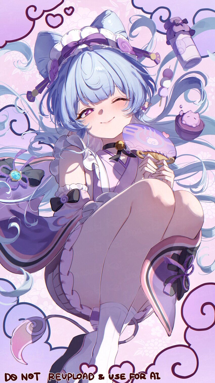 1girl absurdres bell blue_hair closed_mouth detached_sleeves frilled_hairband frills genshin_impact hairband hand_fan highres holding holding_fan imasaki_kei japanese_clothes kimono long_hair long_sleeves looking_at_viewer maid neck_bell one_eye_closed pink_pupils pointy_ears sandals smile socks solo tabi tail tapir_tail twitter_username wa_maid white_socks wide_sleeves yumemizuki_mizuki