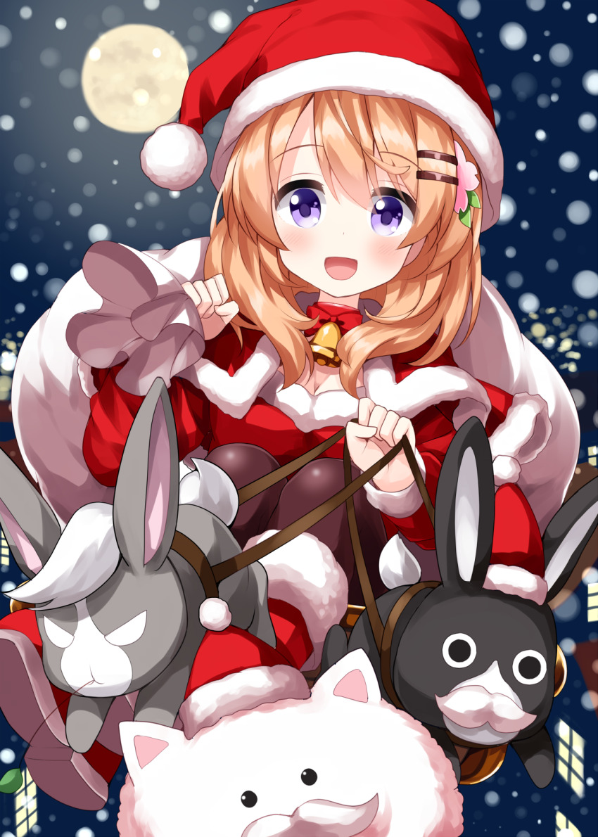 1girl :d anko_(gochiusa) bell black_pantyhose blush boots breasts cleavage commentary_request dress full_body full_moon fur-trimmed_boots fur_trim gochuumon_wa_usagi_desu_ka? hair_ornament hairclip hat highres holding hoto_cocoa long_sleeves looking_at_viewer medium_hair moon night open_mouth orange_hair pantyhose purple_eyes red_boots red_dress ruu_(tksymkw) sack santa_costume santa_dress santa_hat smile snowflakes solo tippy_(gochiusa) wild_geese