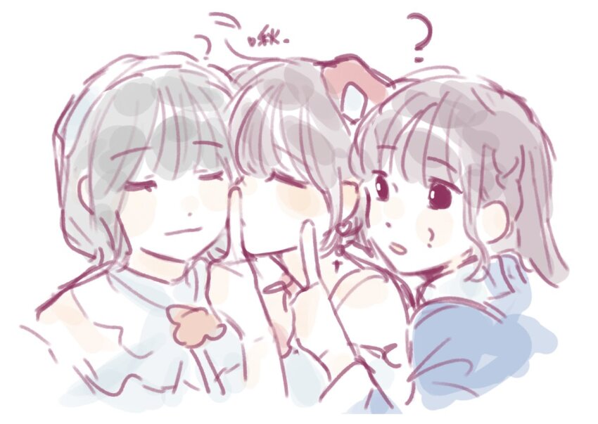 3girls 3rd_live_tour_try_tri_unity!!! ? animification aoku_haruka/flower black_eyes black_hair blue_shirt blunt_bangs braid closed_eyes closed_mouth commentary cropped_torso green_hair hayama_fuka index_finger_raised kiss kissing_cheek kurusu_rin ladybug/beauty_(love_live!) link!_like!_love_live! long_hair looking_at_another love_live! miracreation/elegance multiple_girls off_shoulder official_alternate_costume open_mouth real_life sakurai_hina shirt short_hair side_braid sidelocks simple_background symbol-only_commentary translation_request u_u voice_actor white_background woodonly yuri