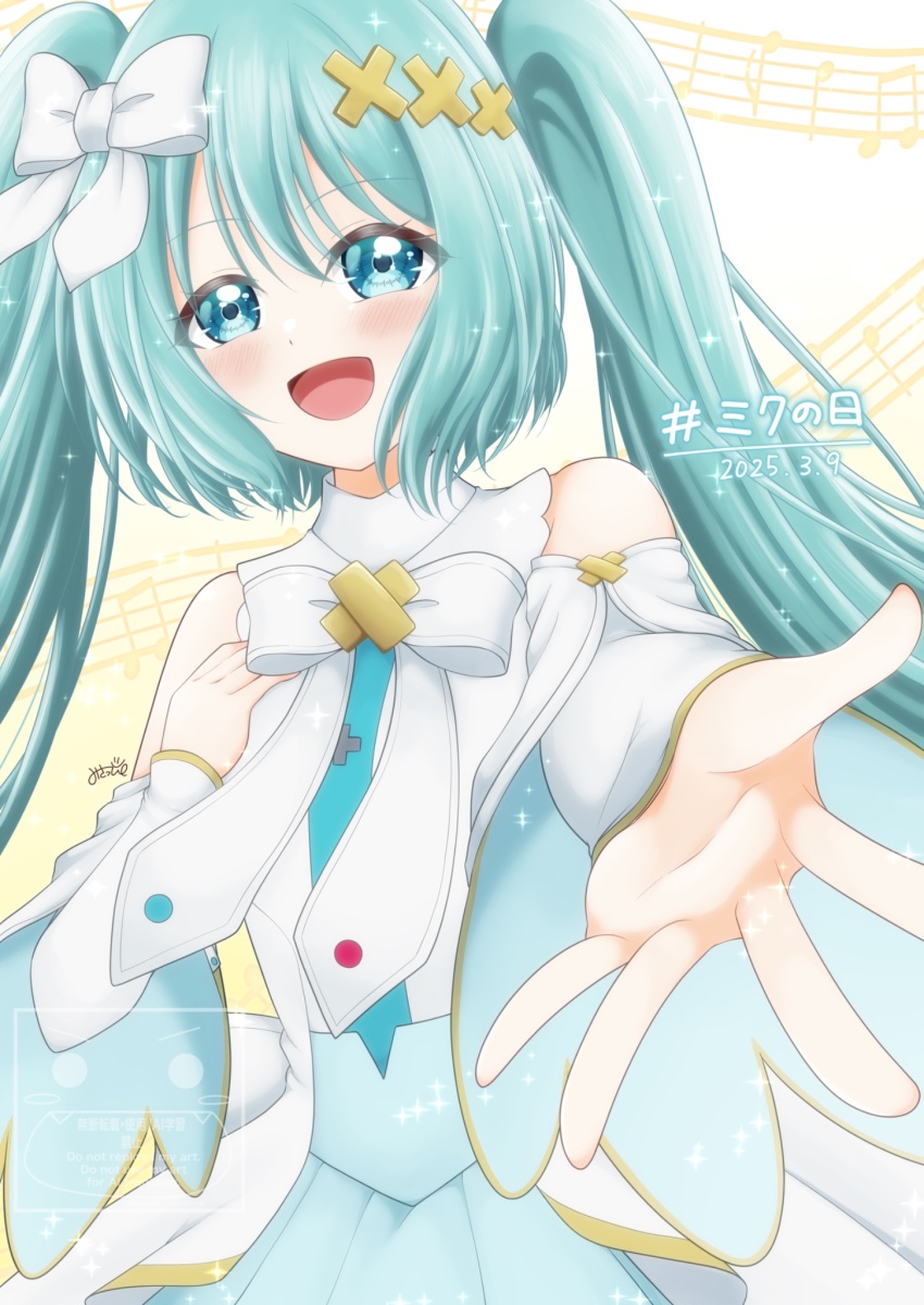 1girl aqua_eyes aqua_hair aqua_skirt blush bow detached_sleeves hair_between_eyes hair_bow hair_ornament hand_on_own_chest hatsune_miku highres hiramado_miku kowareta_sekai_to_utaenai_miku long_hair long_sleeves looking_at_viewer miku_day misappi musical_note official_alternate_costume official_alternate_hairstyle open_mouth pleated_skirt project_sekai reaching reaching_towards_viewer sheet_music skirt smile solo twintails very_long_hair vocaloid white_bow x_hair_ornament