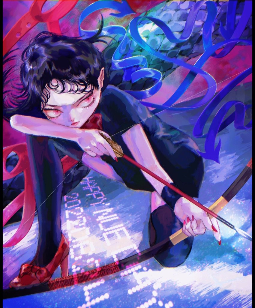 1girl alt_text arrow_(projectile) asymmetrical_wings black_dress black_hair black_thighhighs blue_wings bow bow_(weapon) bowtie closed_mouth commentary_request drawing_bow dress expressionless footwear_bow full_body high_heels highres holding holding_bow_(weapon) holding_weapon houjuu_nue nail_polish nanaha_(aischtle) nue_day on_one_knee pointy_ears red_bow red_bowtie red_eyes red_footwear red_nails red_wings short_dress short_hair short_sleeves solo thighhighs touhou weapon wings wristband