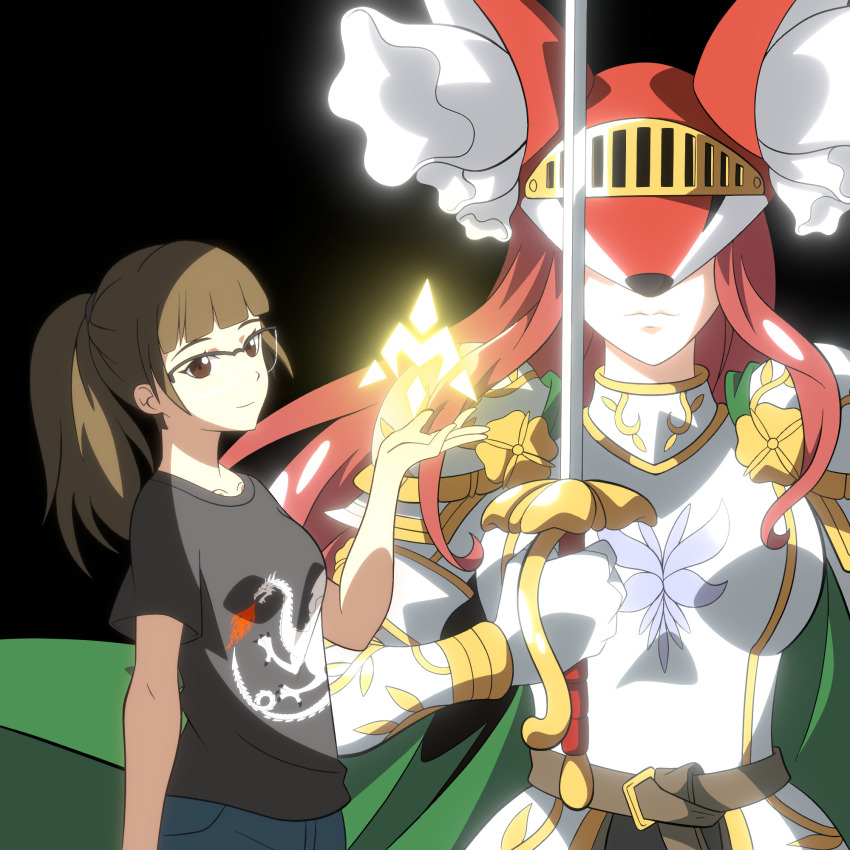 2girls armor brown_hair crests_(digimon) digimon digimon_(creature) highres long_hair multiple_girls oridigi rapier sword weapon