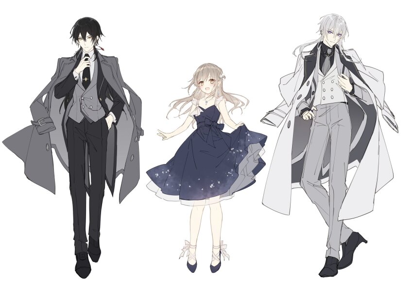 1girl 2boys bare_arms black_dress black_footwear black_hair black_jacket black_pants black_shirt blush breasts brown_eyes brown_hair cleavage closed_mouth collarbone collared_shirt commentary_request dress floating_hair grey_hair grey_jacket grey_necktie grey_pants grey_vest highres jacket jacket_on_shoulders long_hair mochizuki_shiina multiple_boys necktie original pants purple_eyes shirt shoes simple_background skirt_hold sleeveless sleeveless_dress small_breasts very_long_hair vest white_background white_shirt yellow_eyes