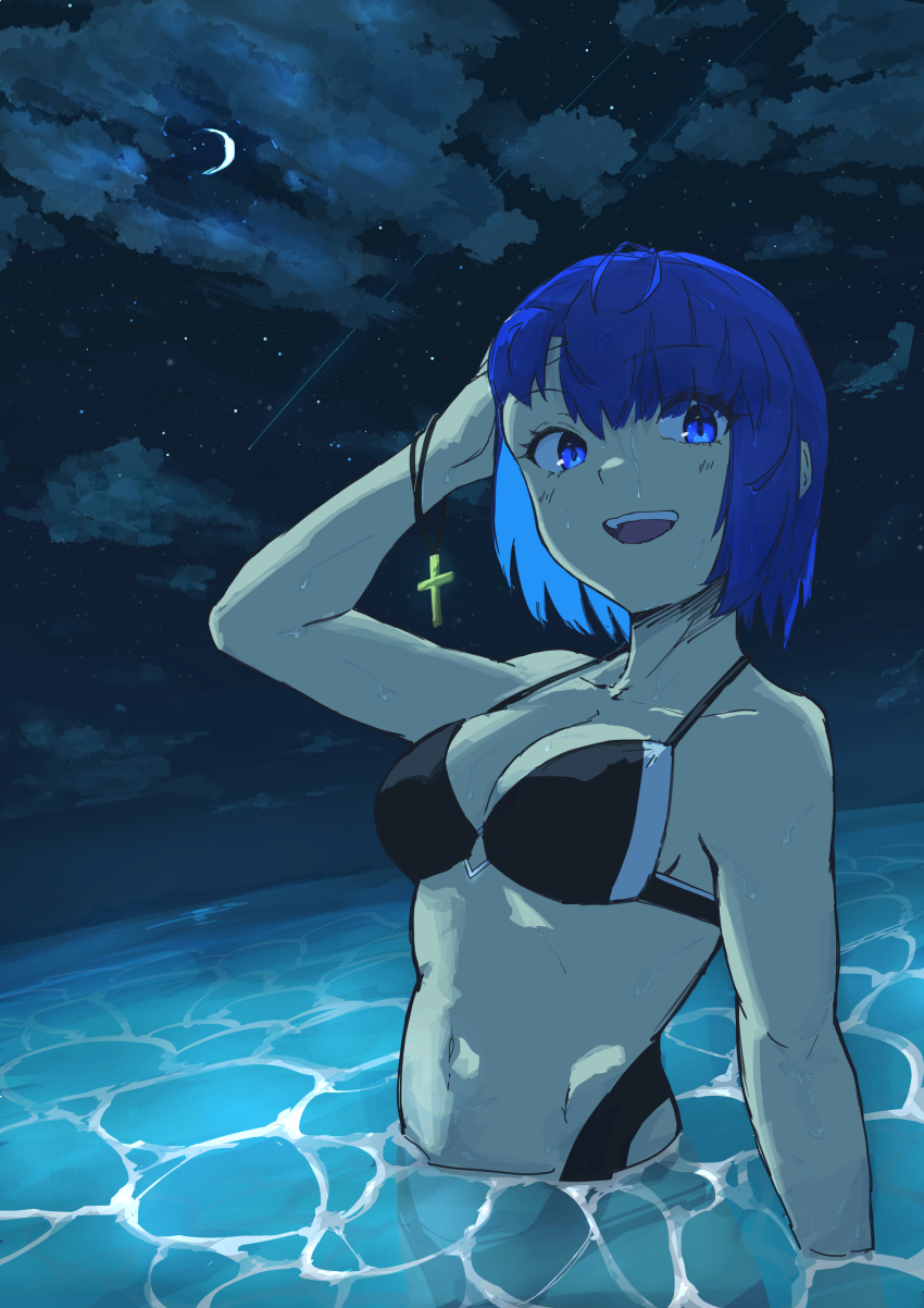 1girl absurdres ahoge bare_shoulders bikini black_bikini blue_eyes blue_hair blush breasts c.i.e.l_(fate) c.i.e.l_(first_ascension)_(fate) ciel_(tsukihime) cleavage collarbone crescent_moon cross cross_necklace fate/grand_order fate_(series) highres jewelry looking_at_viewer medium_breasts moon navel necklace night night_sky ocean open_mouth short_hair sky smile solo swimsuit unworn_jewelry unworn_necklace zakio