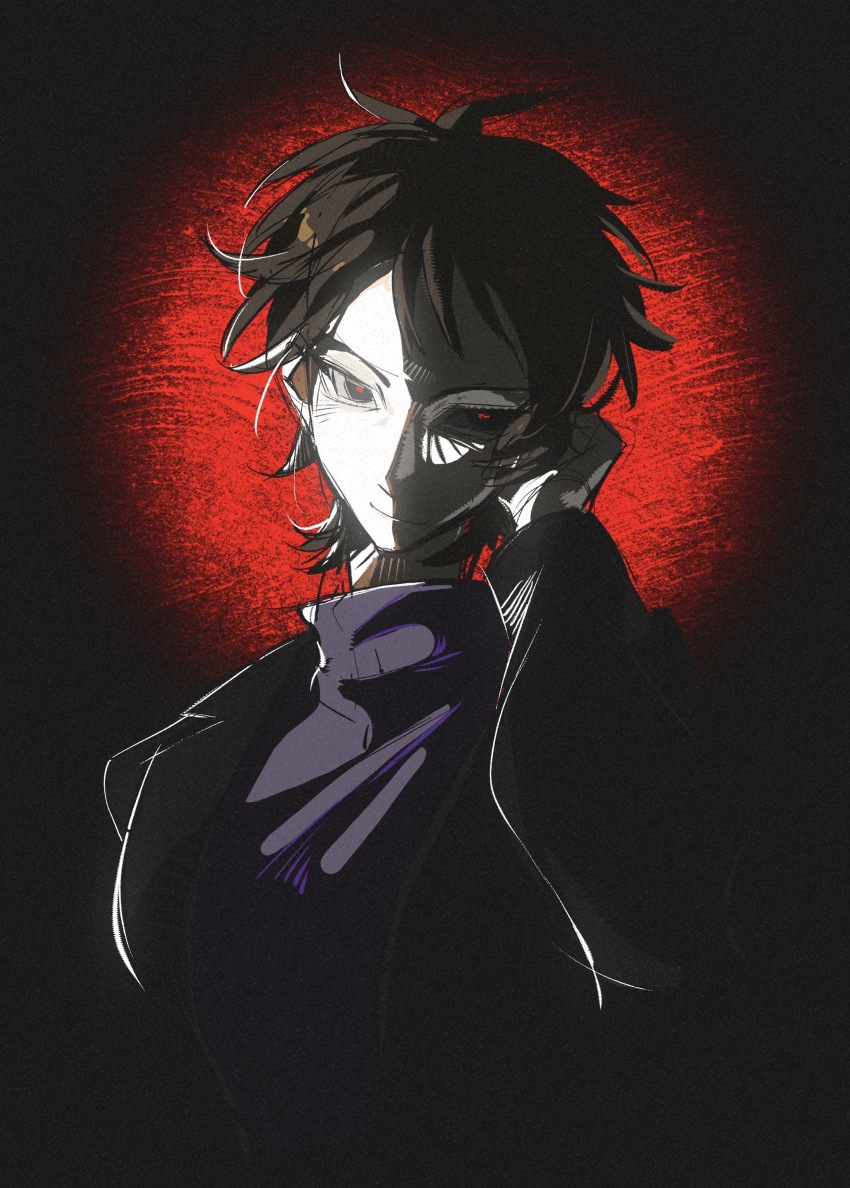 1boy absurdres black_eyes black_jacket brown_hair closed_mouth film_grain hand_in_own_hair harada_minoru highres jacket long_sleeves looking_at_viewer male_focus open_clothes open_jacket purple_sweater red_pupils saibou_shinkyoku short_hair smile solo sweater turtleneck turtleneck_sweater upper_body voltmeter_f