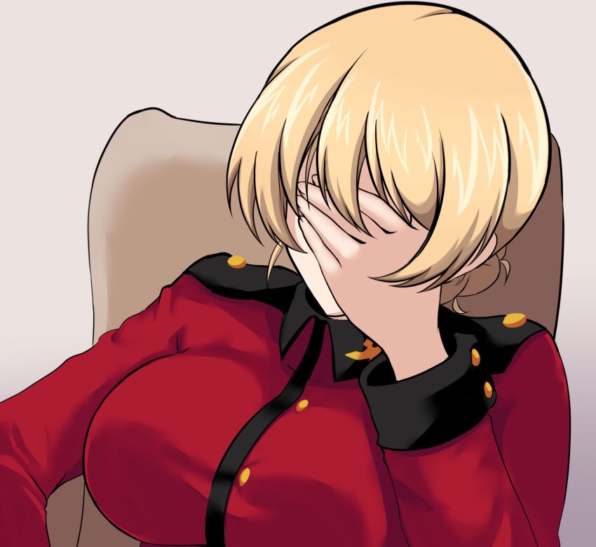 1girl aikir_(jml5160) blonde_hair braid breasts darjeeling_(girls_und_panzer) facepalm girls_und_panzer hand_on_own_face highres jacket large_breasts meme on_chair parody red_jacket st._gloriana&#039;s_military_uniform star_trek