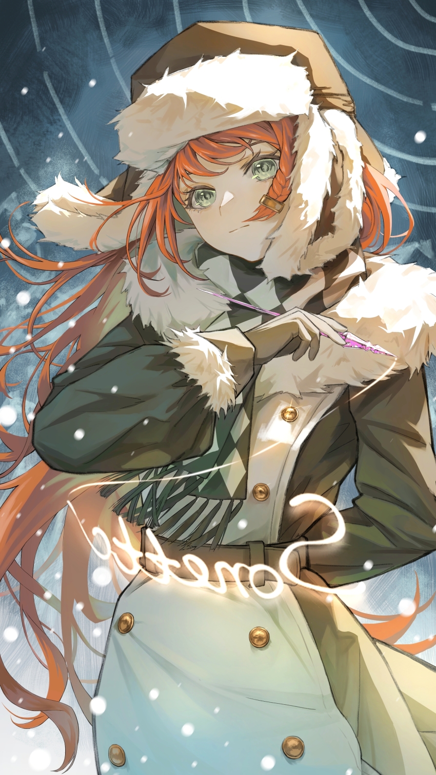 1girl absurdres arm_behind_back belt blue_background brown_belt brown_coat brown_hat buttons character_name checkered_clothes checkered_scarf closed_mouth coat double-breasted drawing_on_air fur-trimmed_coat fur-trimmed_headwear fur_trim glass_pen green_eyes hand_up hat highres holding holding_pen light_particles long_hair looking_at_viewer official_alternate_costume orange_hair pen reverse:1999 scarf solo sonetto_(reverse:1999) tongshan_treeless upper_body ushanka